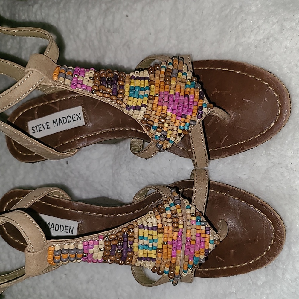 Steve Madden Y2K  S. 6 Brown Leather Multi Color Beaded  Bohemian Cork Wedges